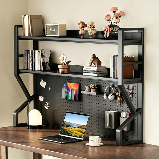 卓上ラック 有孔ボード付き 2段 デスク上置棚 本棚 机上収納 書類・文房具整理 多機能 省スペース 簡単組立 書斎・子供部屋向け ブラック 幅95×高さ95